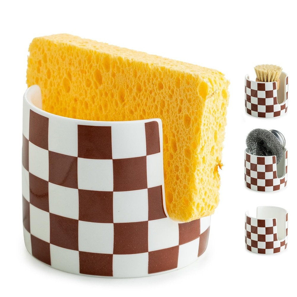 Checkered Sponge Holder for Kitchen Sink, Ceramic Dish Sponge Drying Caddy Sc...