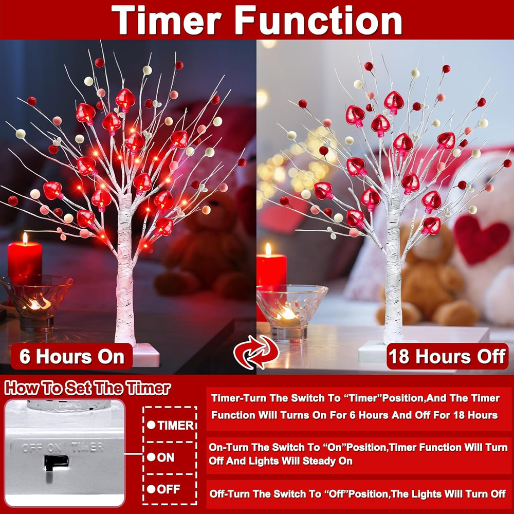 Prelit & Timer - Valentines Day Decorations, 2 Pack 18 Inch Valentines Day Tree