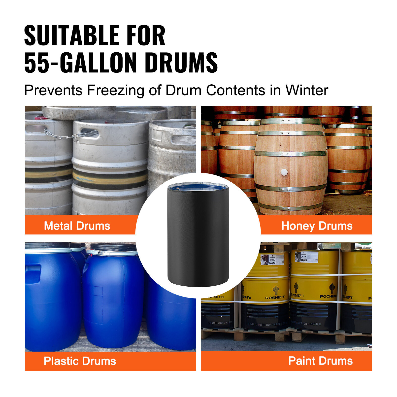 VEVOR 55 Gal Metal Drum Heater 1300W 0-145℉ Adjustable w/ Independent Thermostat