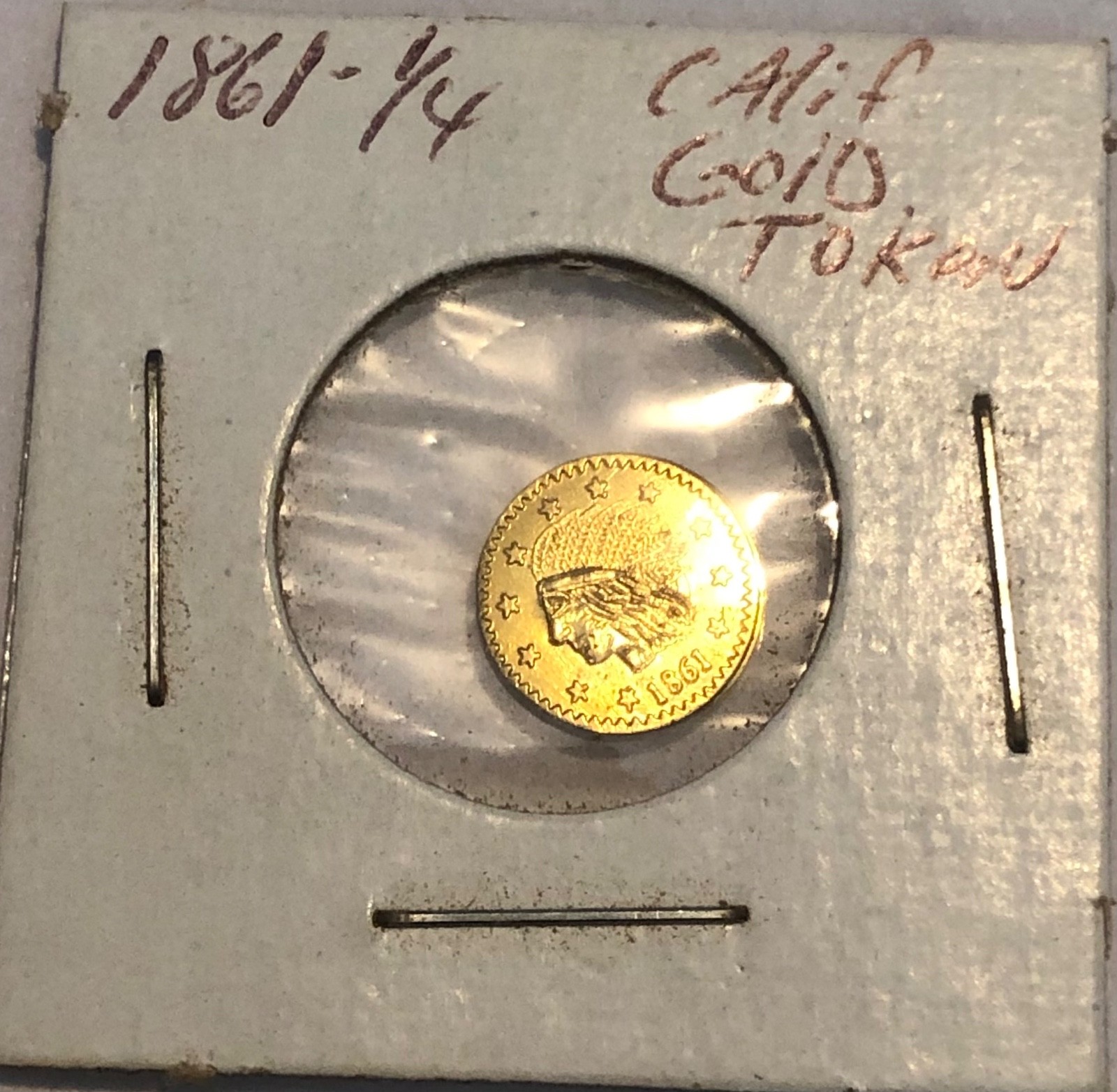 1861 California Gold Indian Head Round 1/4 dollar Token/Coin: Wreath on back