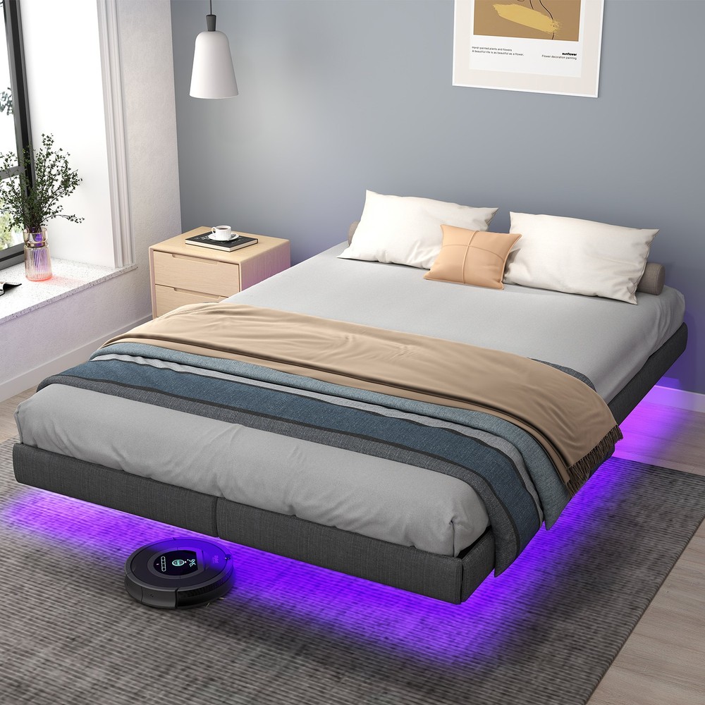 King Size Floating Bedroom Bed Frame with Under Bed Storage & LED Lights Metal