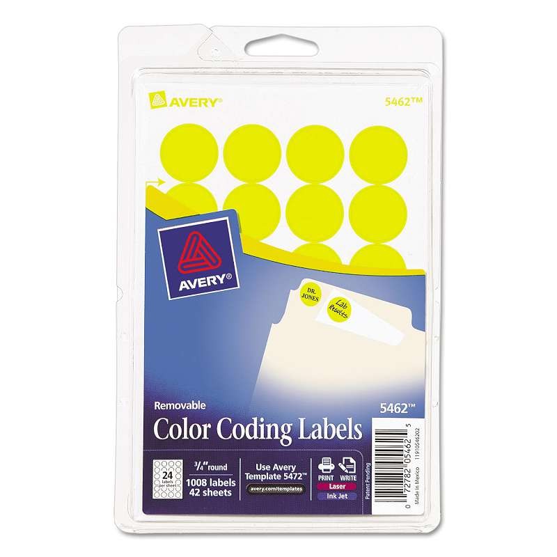 Avery® Printable Removable Color-Coding Labels, 3/4" dia, Yellow, 1008/Pack