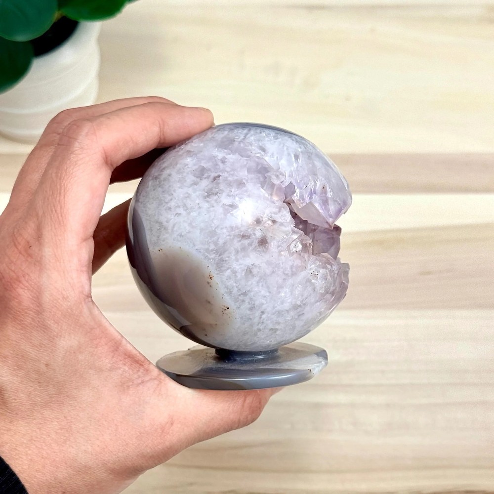 Drusy Amethyst in Agate Geode, Self-Standing Sphere