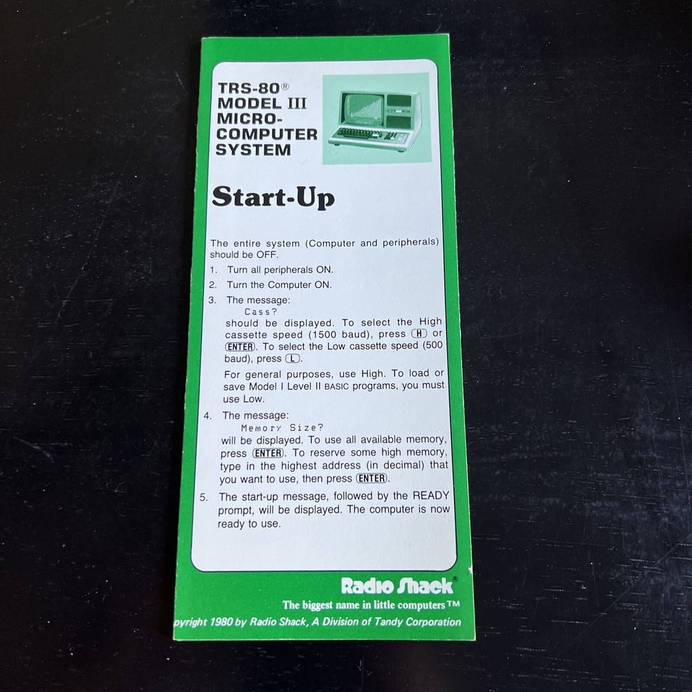 Vintage TRS-80 Model III Start-Up Micro-Computer System Quick Reference Manual