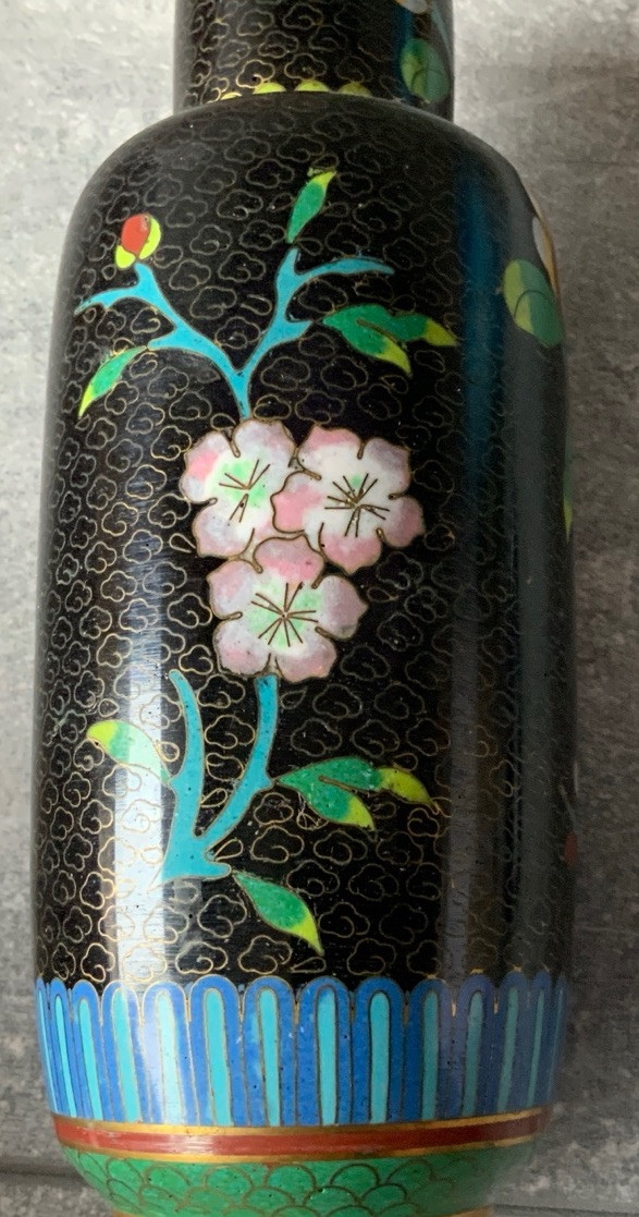 Lot Of 4 CLOISONNE Noir Enamel On Brass Variety Shapes Vases Vintage & Antique