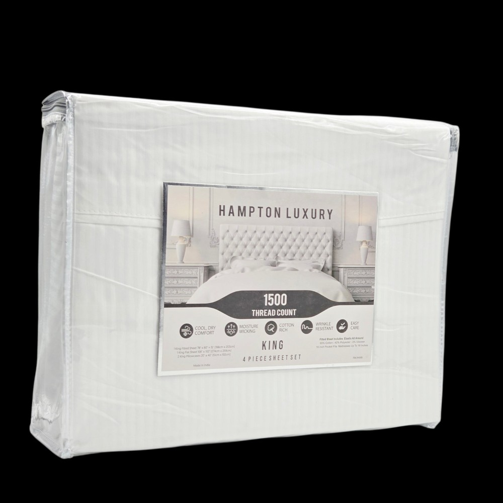 Hampton Luxury King Size 4pc White Sheet Set 1500 Thread Count Cotton Blend