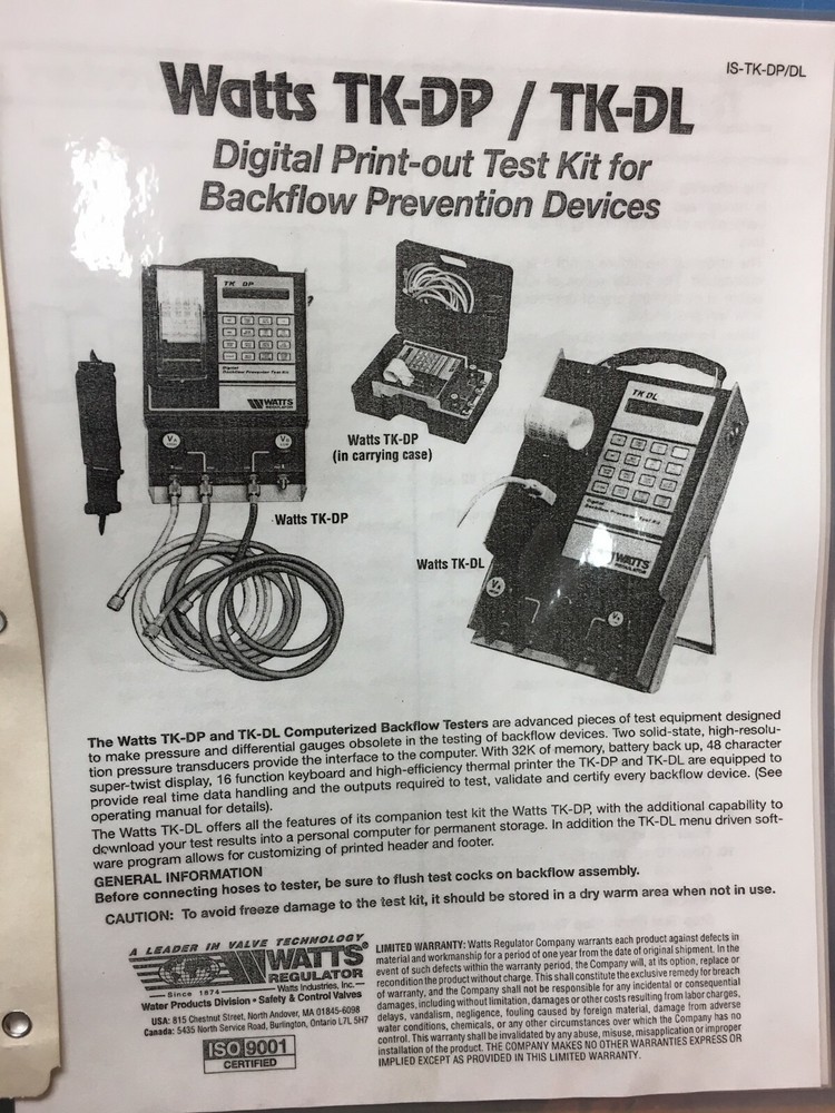 Watts TK-DP Computerized Digital Print-Out Test Kit for Backflow Prevention 