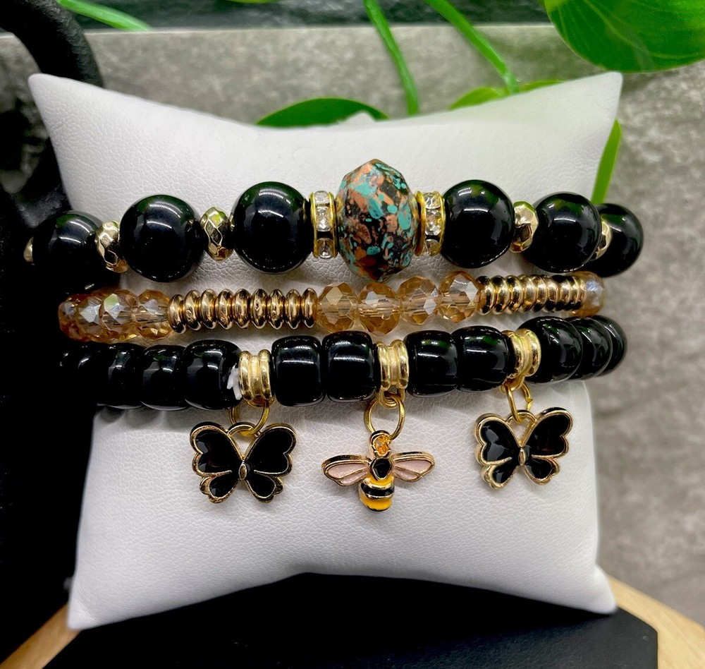 3 PC Handmade Boho  Beaded Stackable 6.5” Plus Stretch Bracelet Set New B1340
