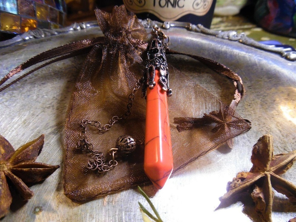 Fancy Red Turquoise antique copper Pendulum, copper chain w/dangle brown org bag
