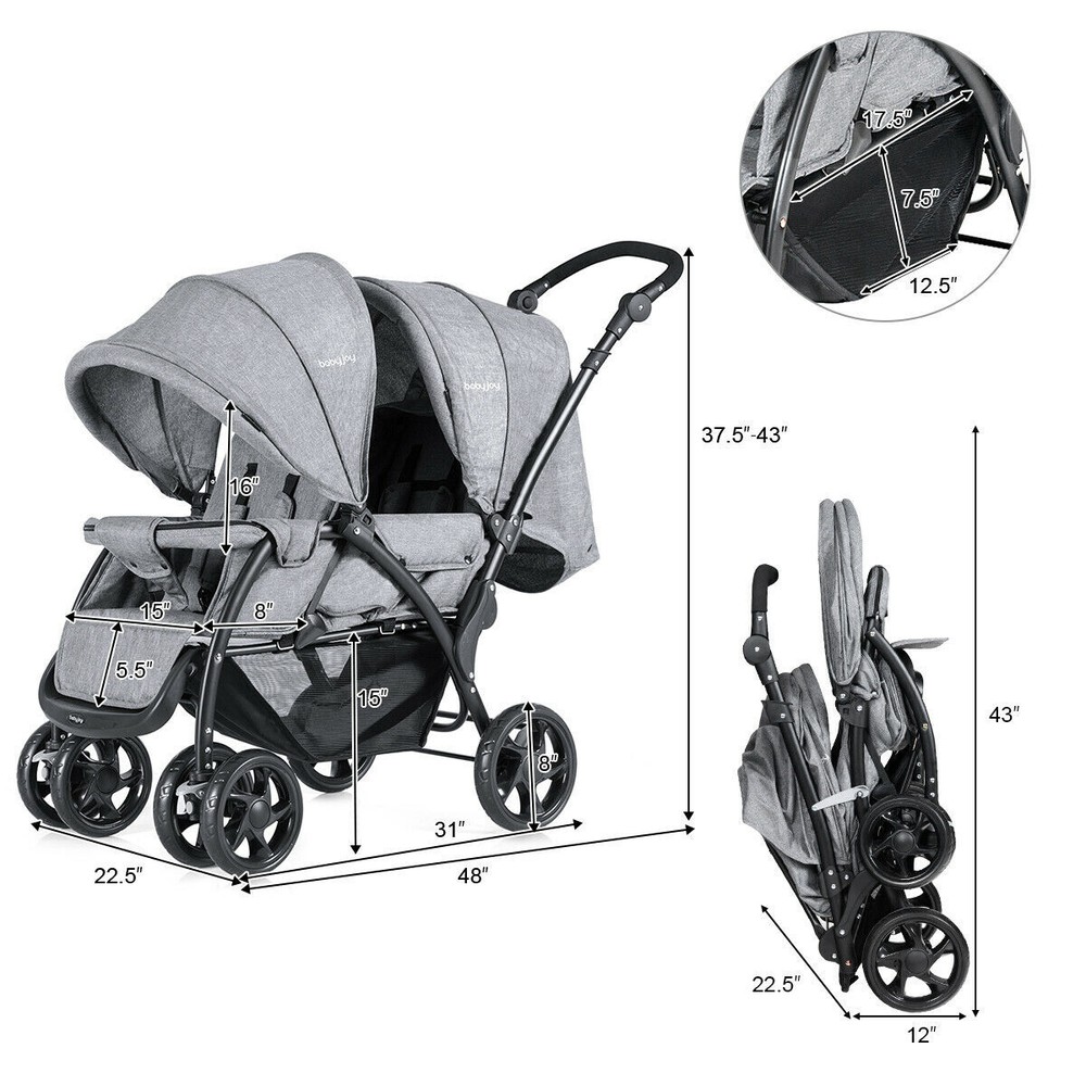 Foldable Double Baby Stroller Lightweight Front & Back Seats Pushchair Gray