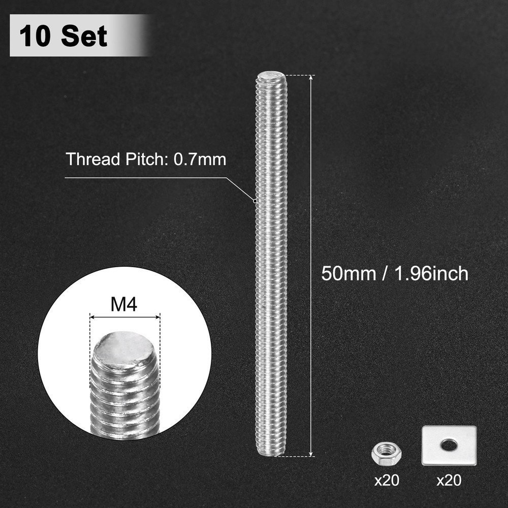 10-Set Fully Threaded Rod, M4x50mm Right Hand Thread Bar Studs with Nuts
