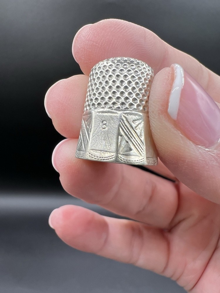 Antique Sterling Silver Thimble, Etched, Size 8