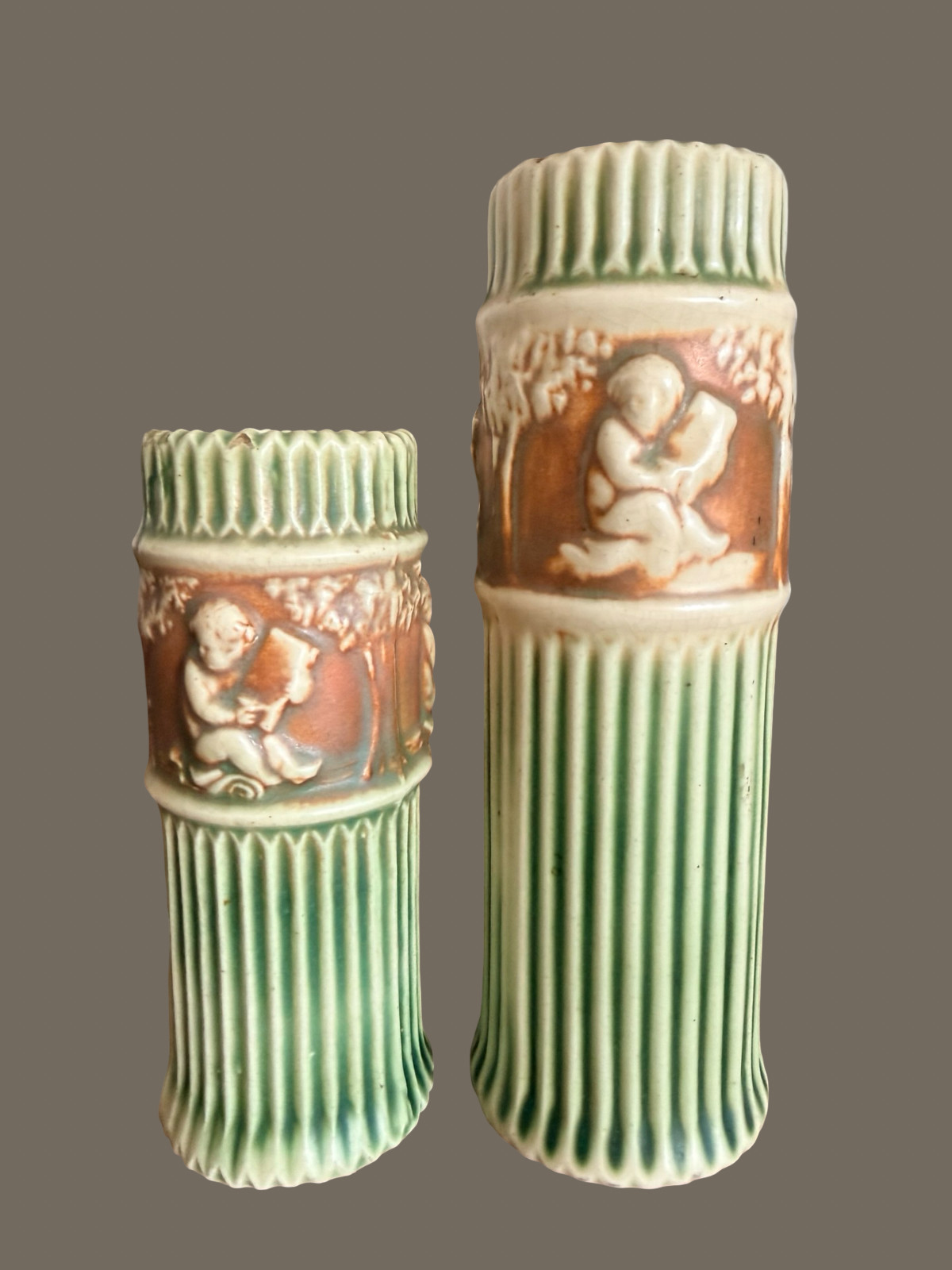 Pair Antique Roseville Donatello Cherub Bud Vases Green Art Pottery 1916