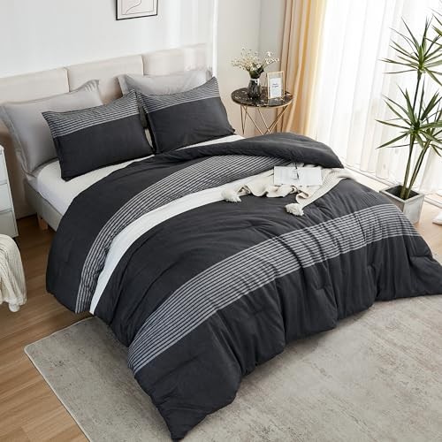 Comforter Set, Lightweight Colorblock Stripes Bedding Comforter Full Black