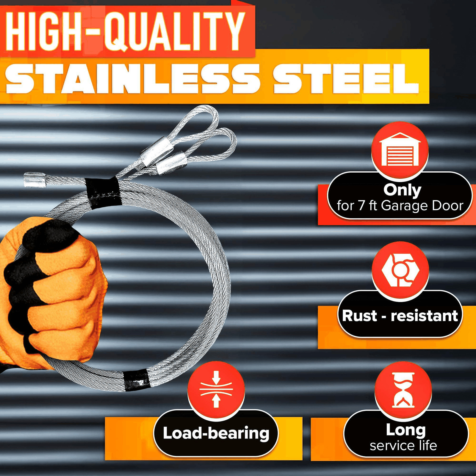 Garage Door Cable for 7 ft Door – 8 ft 6 in Long Heavy Duty 304 Steel