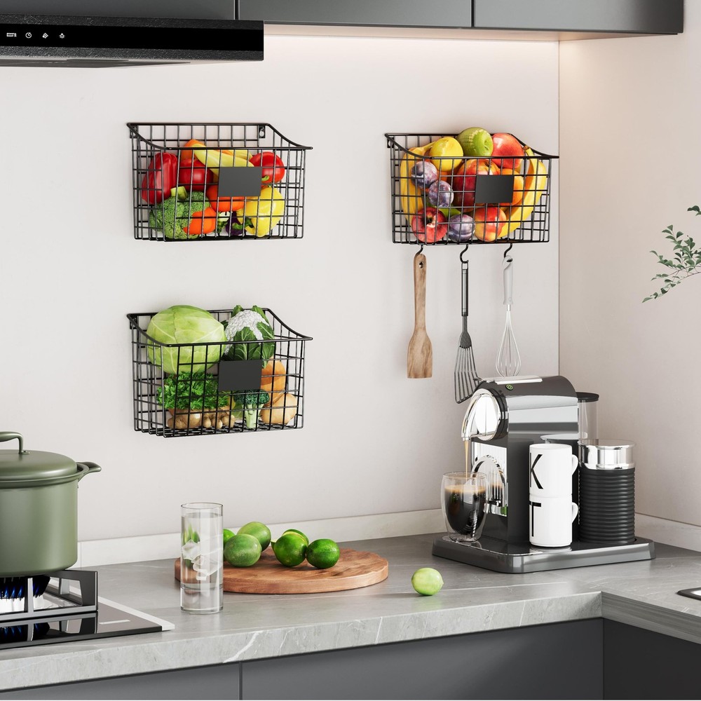 3-Pack Wall Mount Basket with Hooks & Label Plate for Kitchen & Bathroom