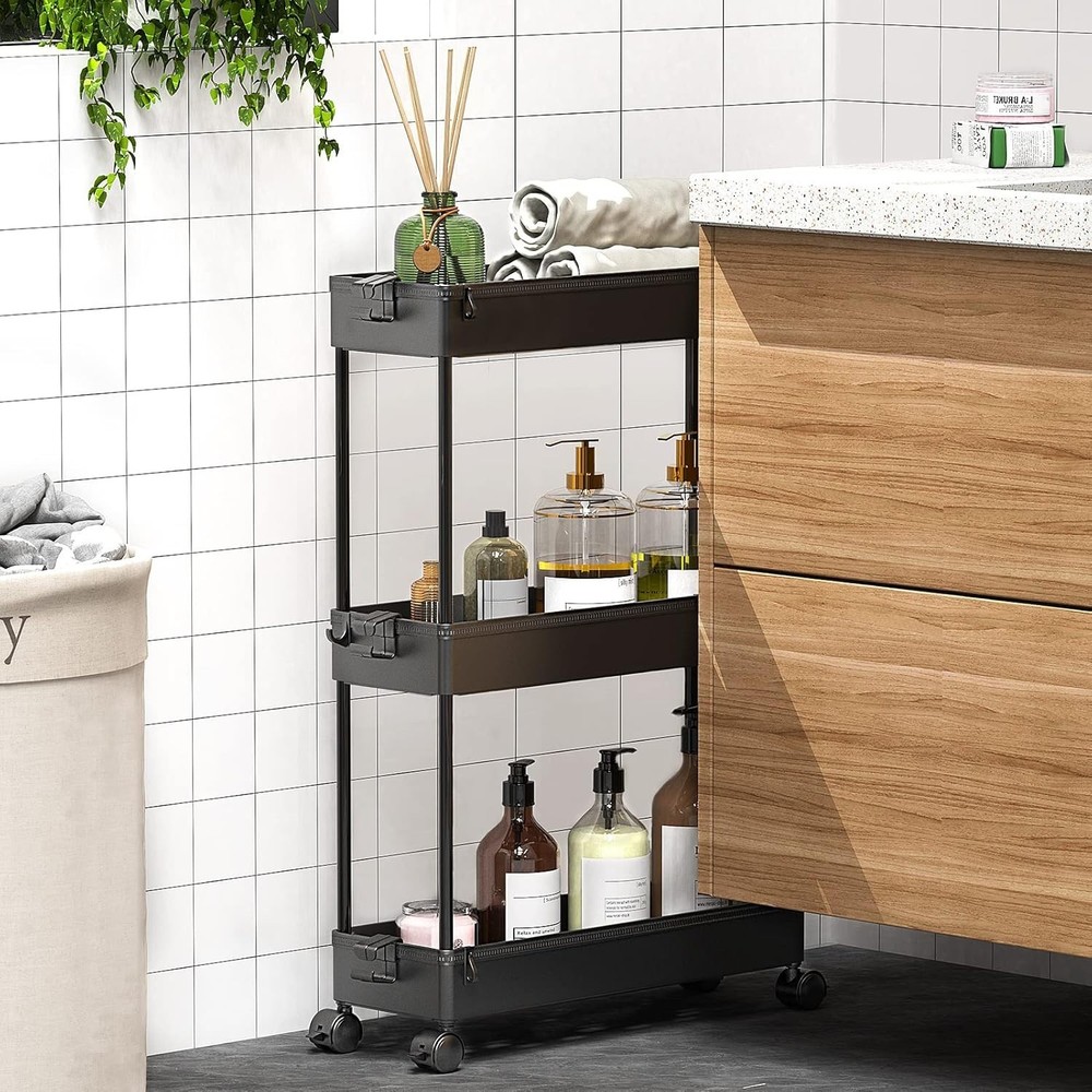 Slim Rolling Storage Cart, 3-Tier, Black, Multifunctional