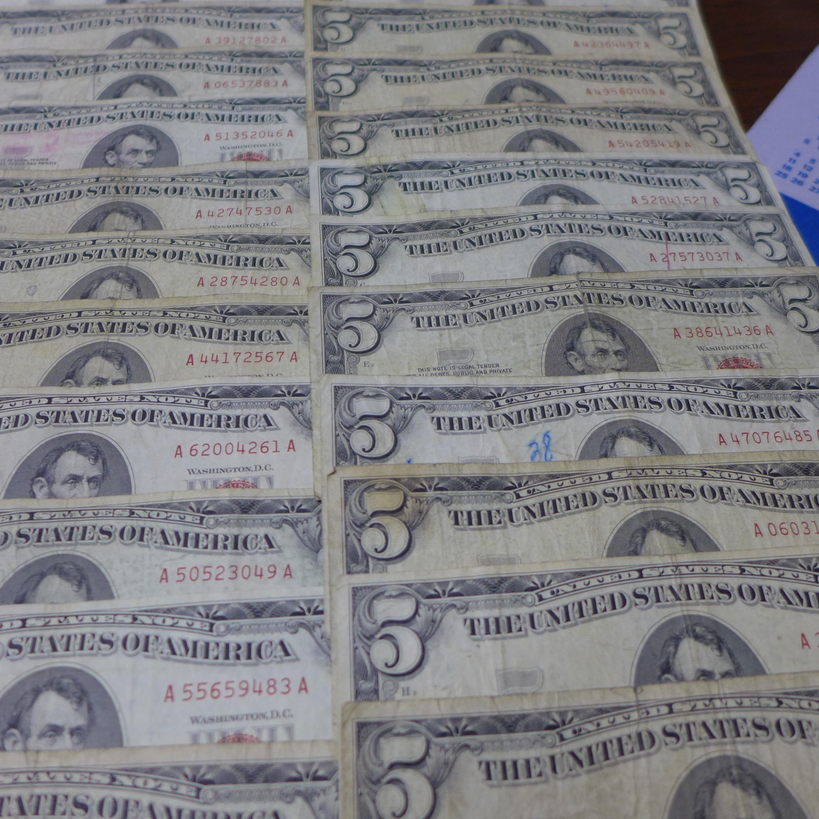 Lot of (50) 1963 Red Seal FIVE Dollar $5 Bills CIRCULATED BILLS - Culls