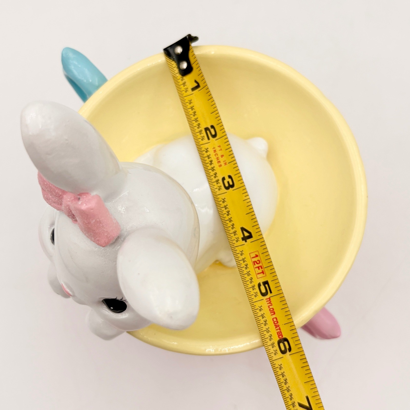 Easter Bunny Rabbit Stack Pastel Teacups Figurine Spring Decor Pink Blue Yellow