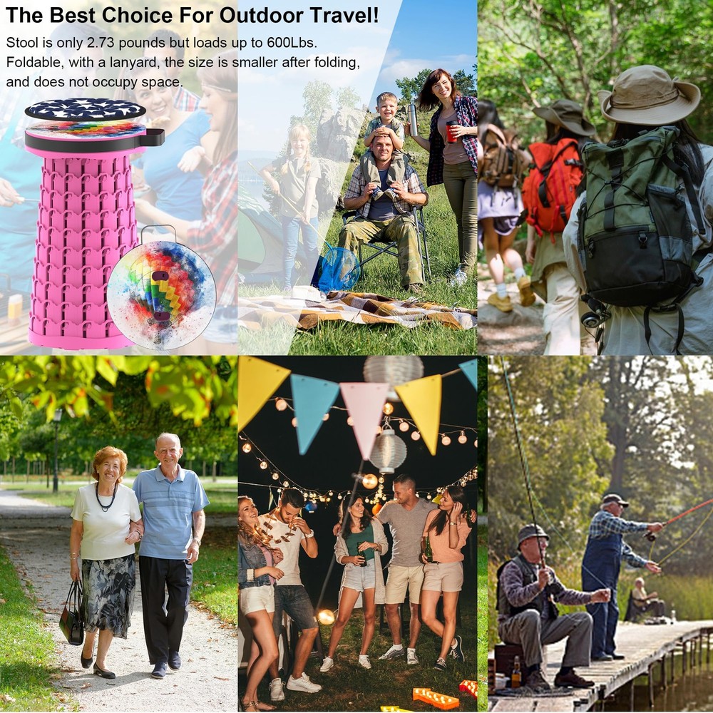 Upgraded Telescoping Collapsible Stool with Cushion, Folding Stool with Print...