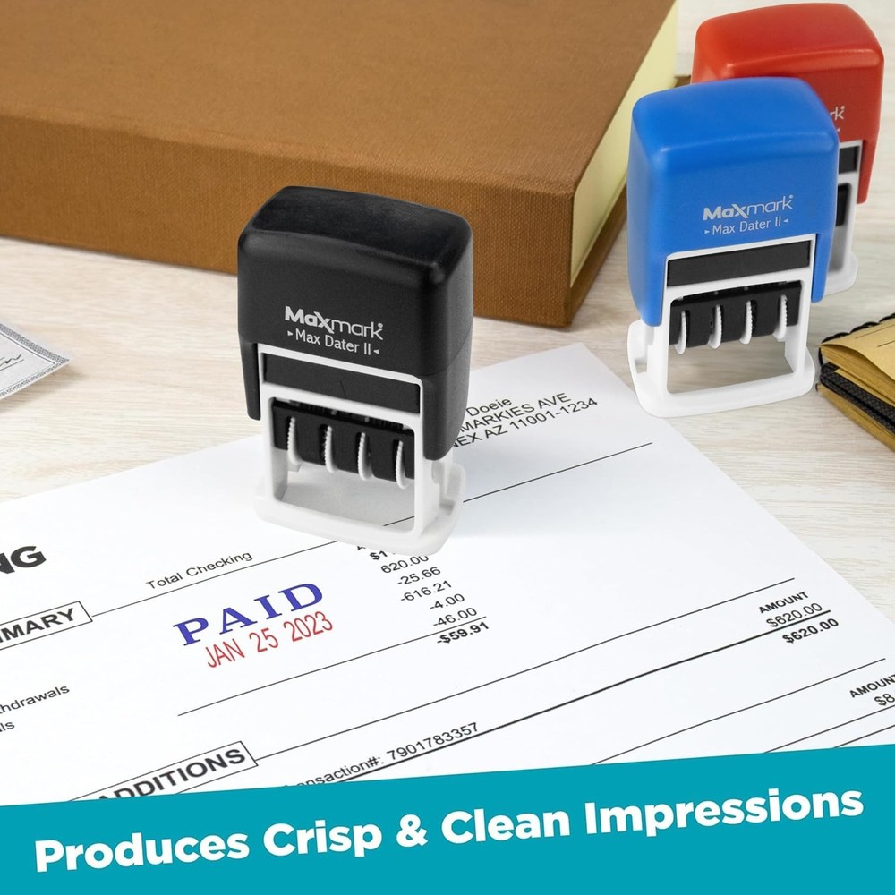 MaxMark Self-Inking Rubber Date Office Stamp with Entered Phrase & Date - Bla...