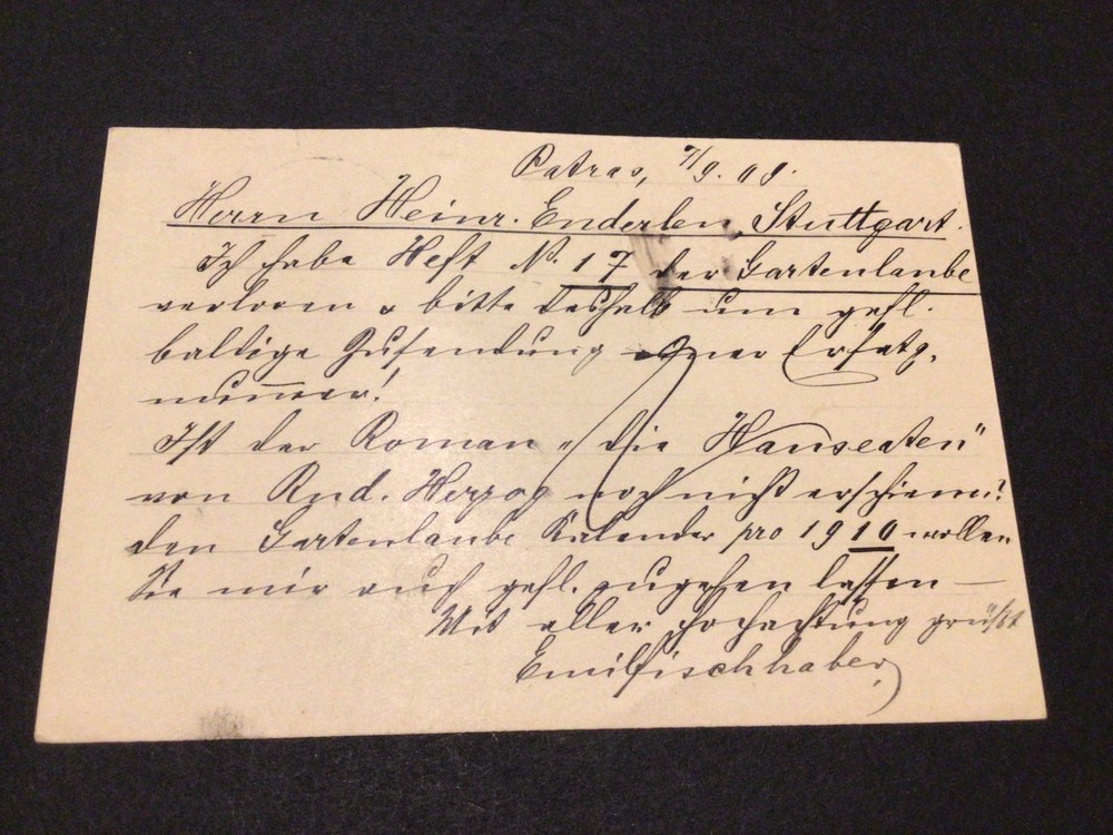Greece 1909 to Stuttgart postal card Ref 59704