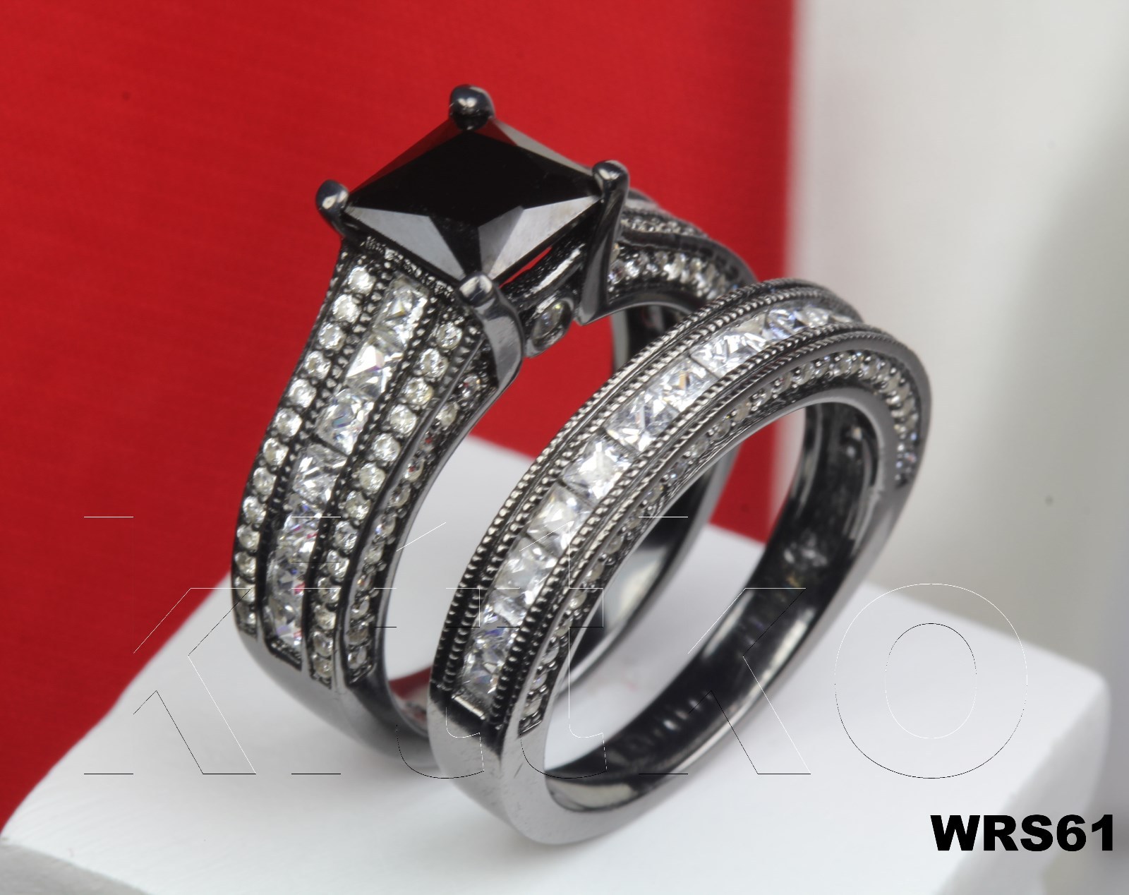 LOVELY SOLID STERLING SILVER WOMENS NEW BLACK ENGAGEMENT RING WEDDING RING SET