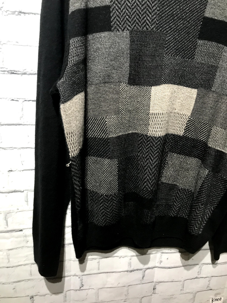 Weatherproof, Men XL, Black/Gray Patchwork Pattern Knit Pullover Sweater Retro