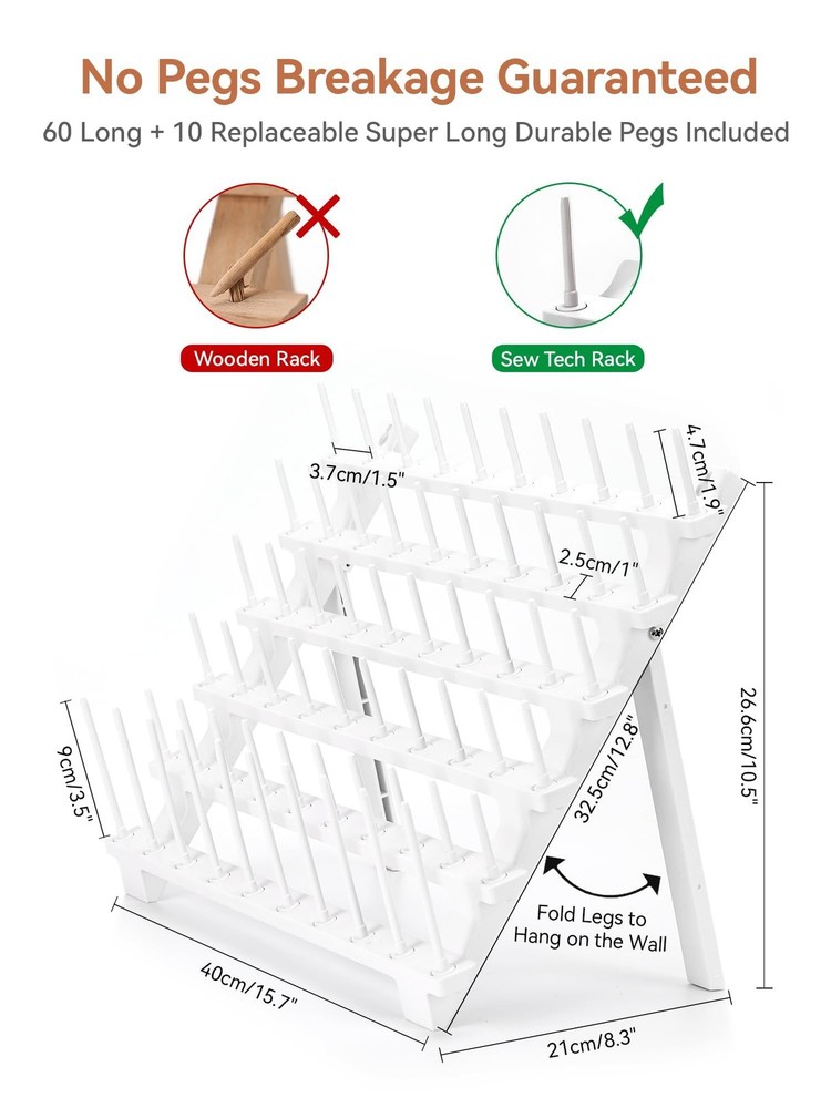 Thread Rack, Bright White Plastic Thread Holder with 60 Pegs and Extra 10 Lon...