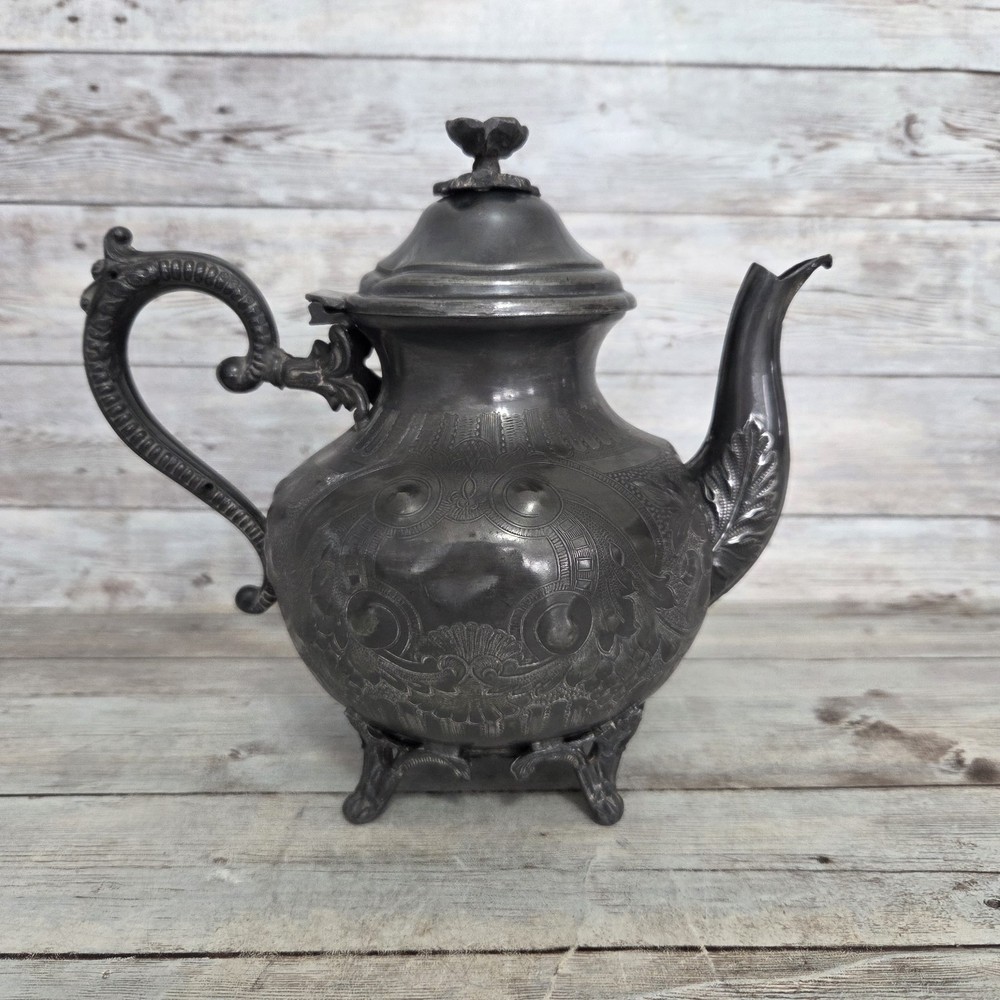 Antique SilverPlate Ornate Footed Teapot Shabby Worn Dinged