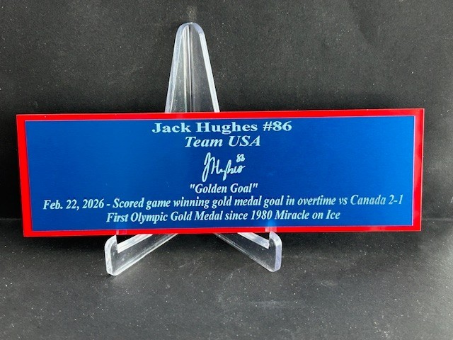 Jack Hughes "Golden Goal" Team USA Gold Medal Autograph Nameplate Puck Jersey