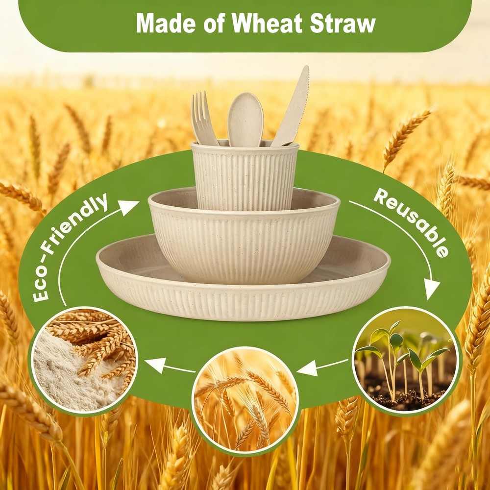 36-Piece Reusable Wheat Straw Dinnerware Sets Dinnerware, Beige