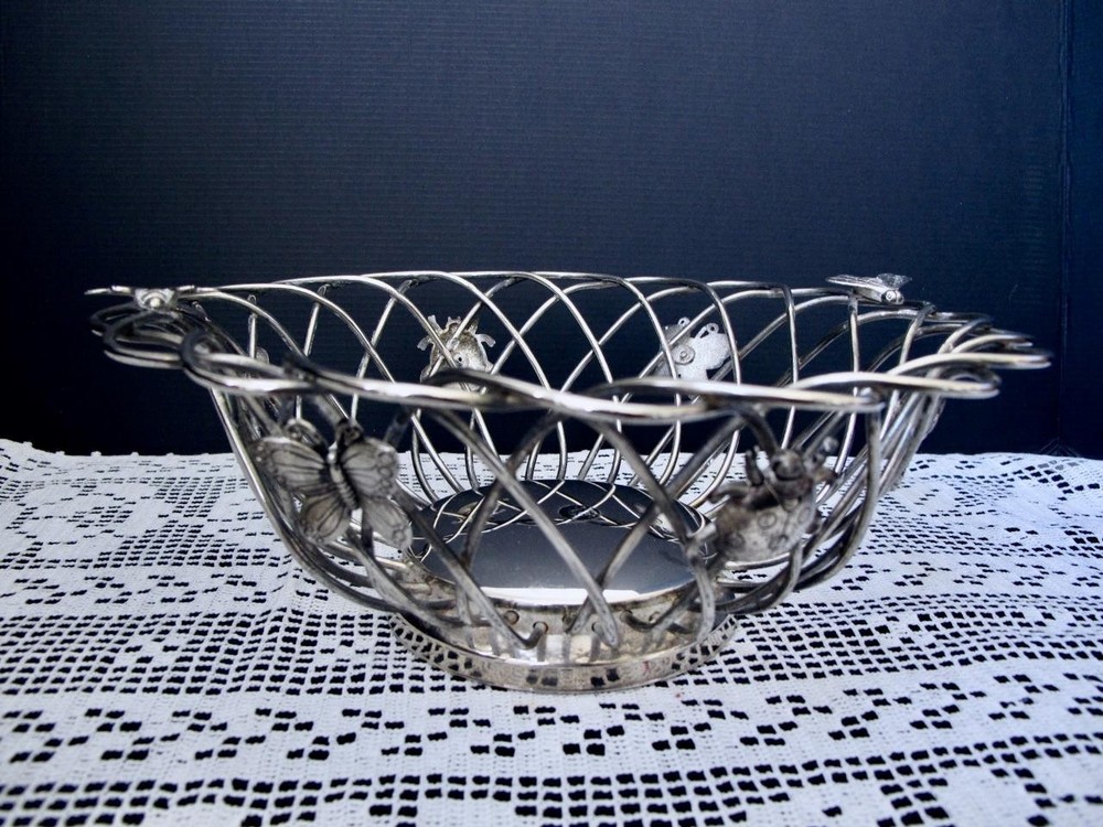 Godinger Silverplate Serving / Bread / Fruit Basket Butterfly Dragonfly Bee Bug
