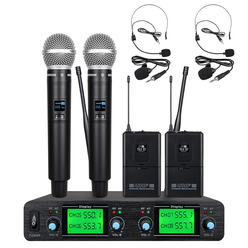 Wireless Microphone System 4 Channel UHF 2 Handheld 2 Headset 2 Lavalier School