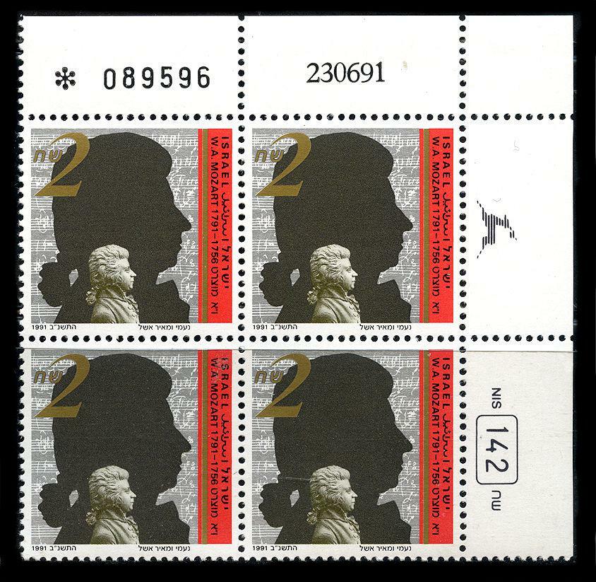 Israel: 1991 Mozart Bicentennial (1101) Plate Block MNH