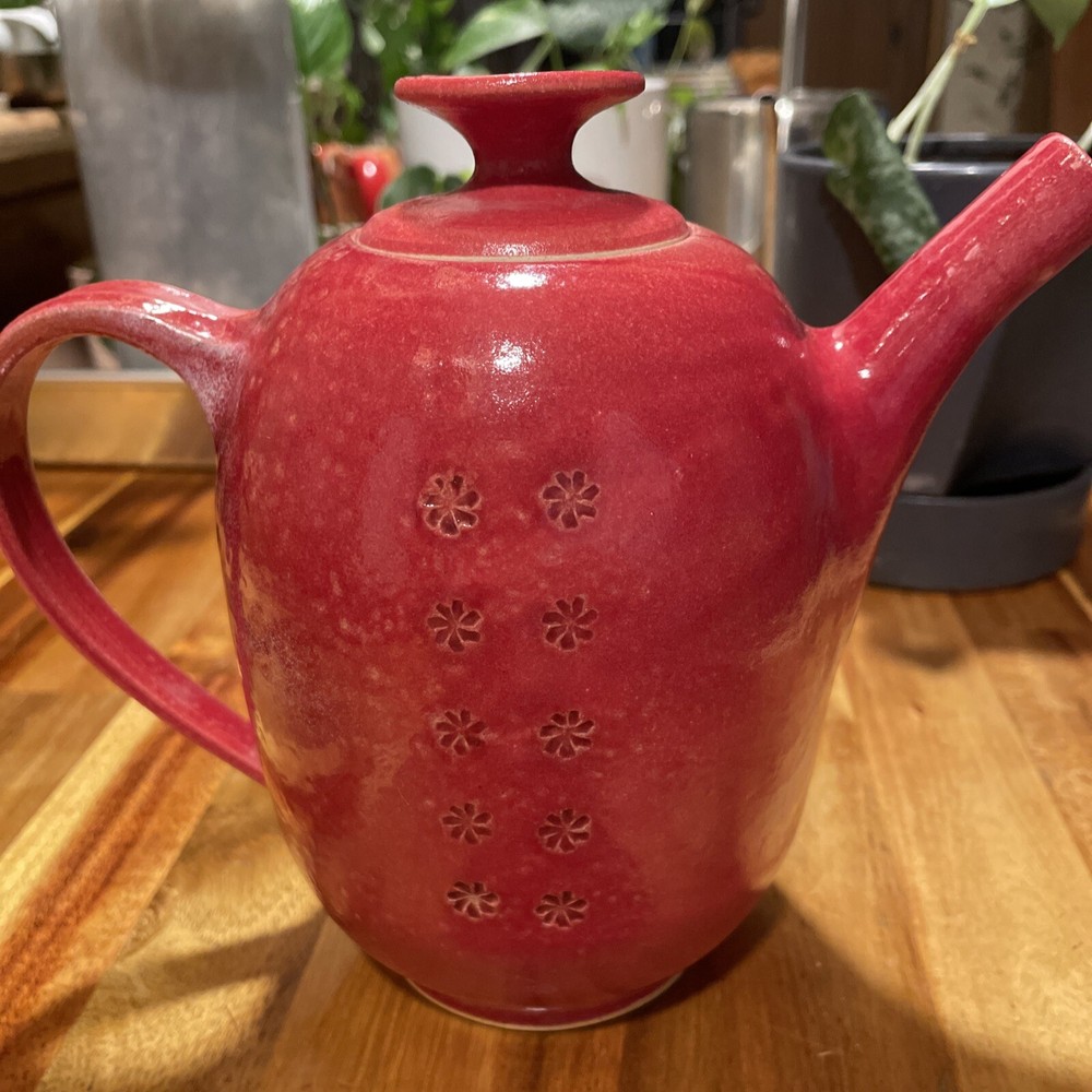 Studio Pottery Glazed Ceramic Deep Red Tea Pot Unsigned Floral 7” Tall Country