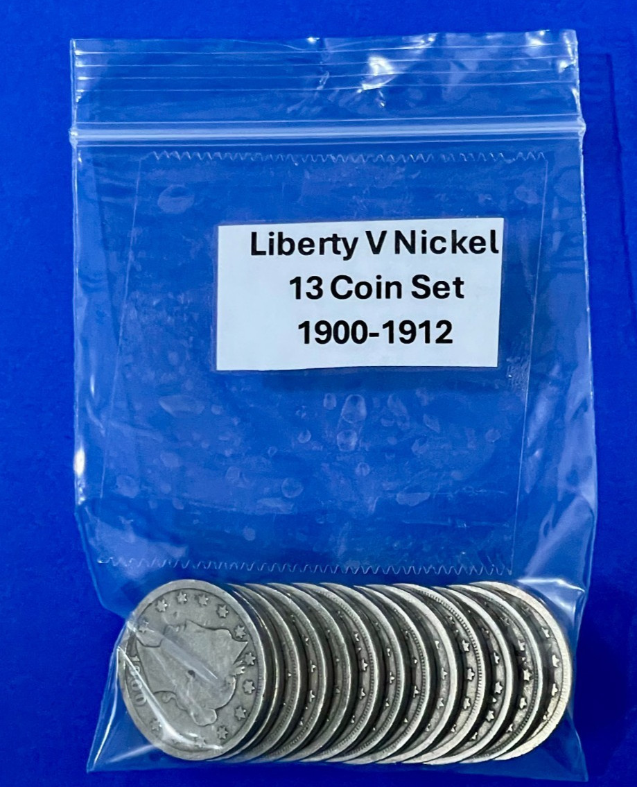 Complete Liberty V Nickels Set of 13 Consecutively Dated Coins from 1900 to 1912