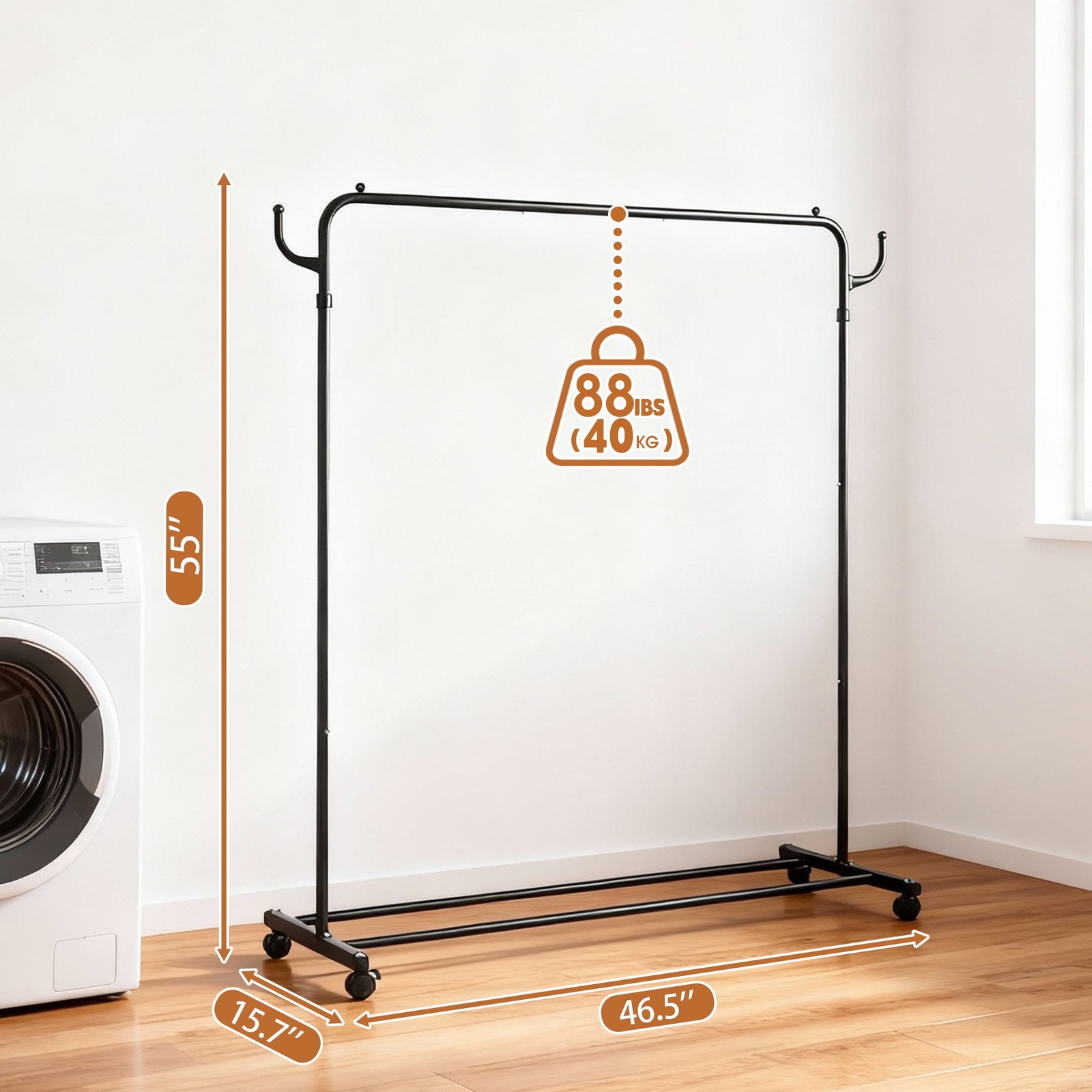 Wheeled clothes rack with storage shelf, black