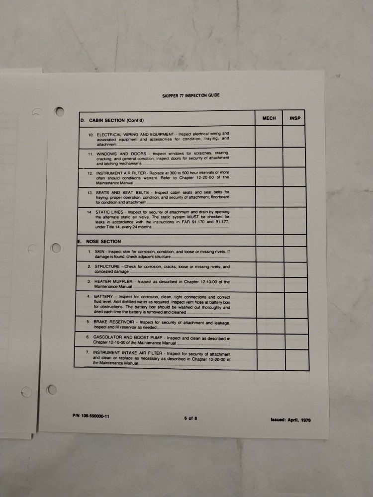 Beechcraft Model Skipper 77 Inspection Guide (12-Sets)-Original