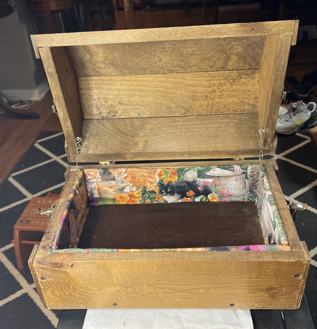 VINTAGE TOOLBOX HAND-MADE WOOD HEXAGON SHAPE LOCK BOX WITH DOUBLE LOCKS +HANDLES