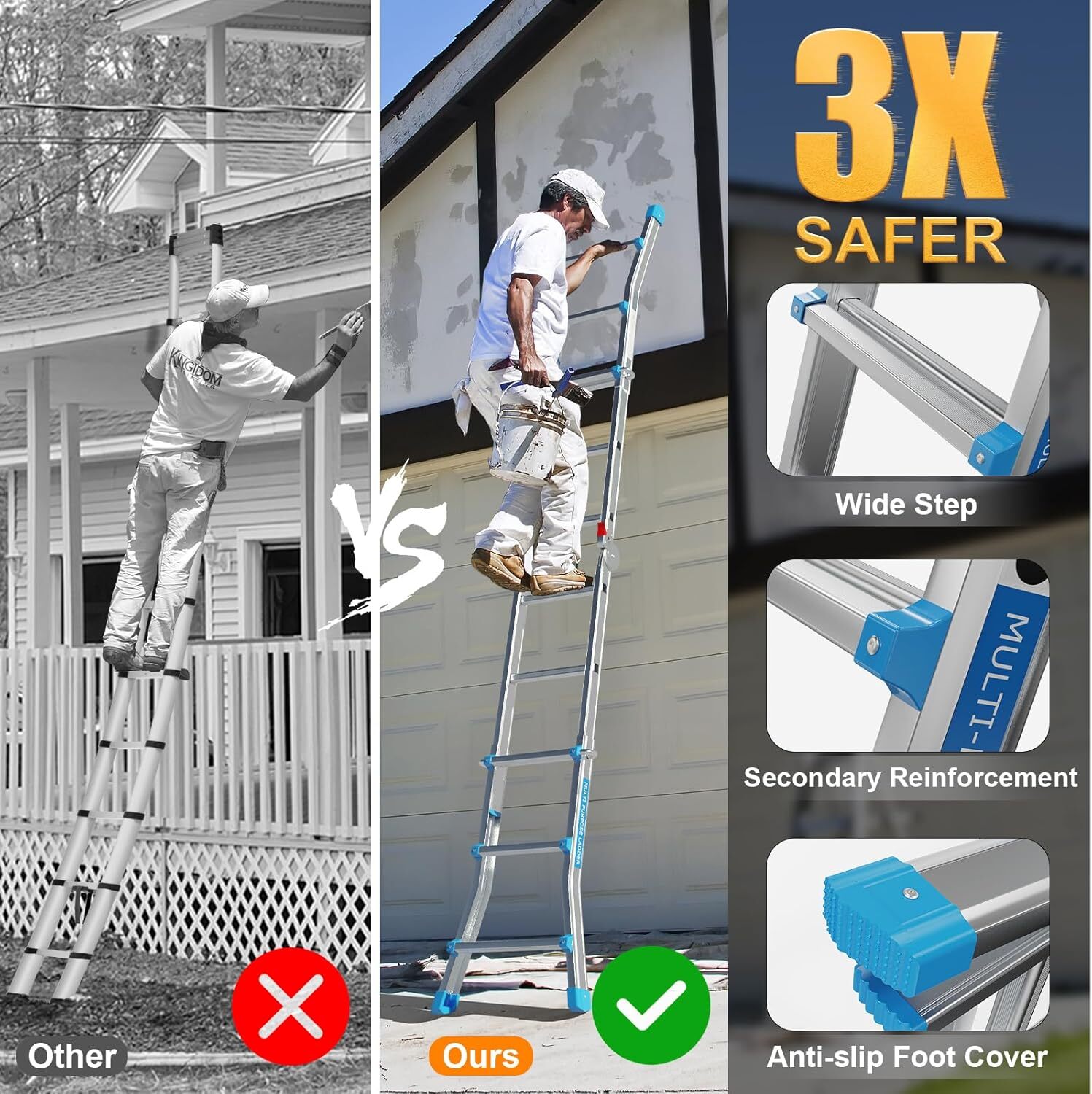 A Frame 3 Step Ladder Telescoping Ladder, 13 ft Reach Height Muti Position