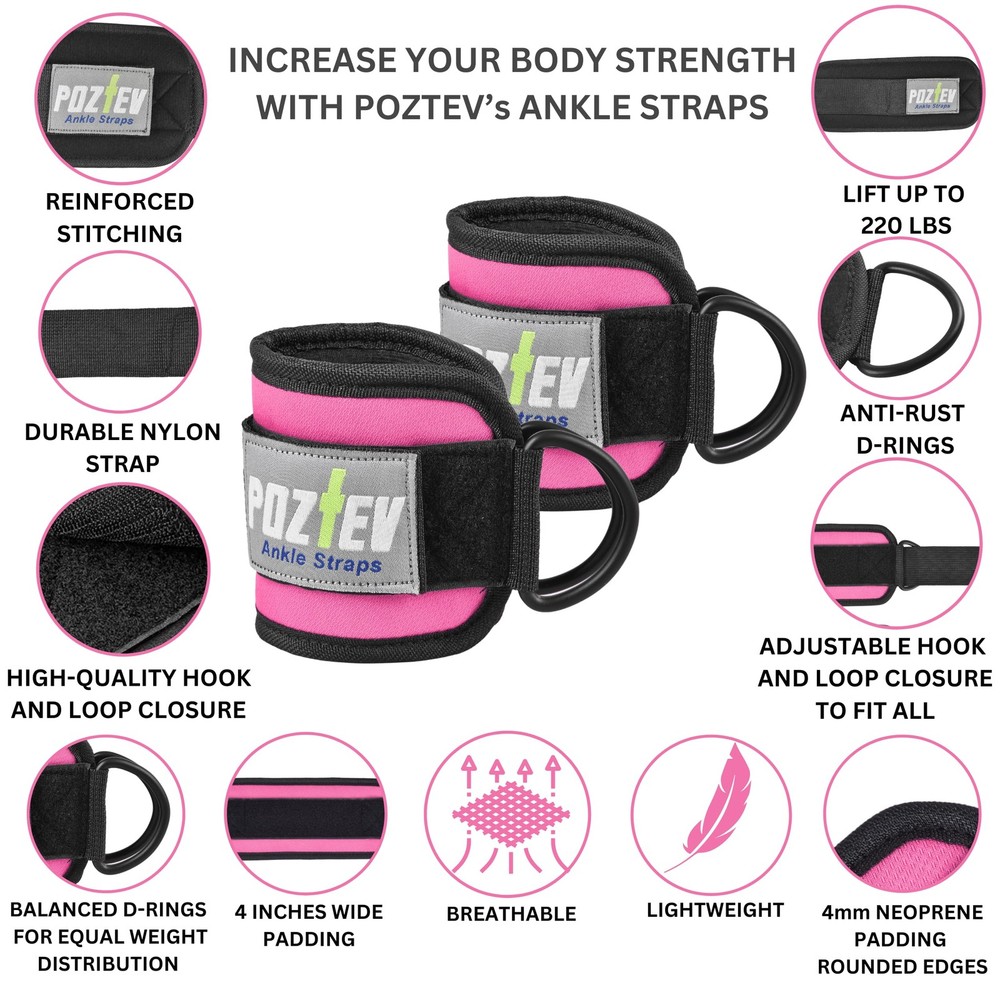 Ankle Straps for Cable Machine (PAIR) – Adjustable Padded Cuff Leg Pink