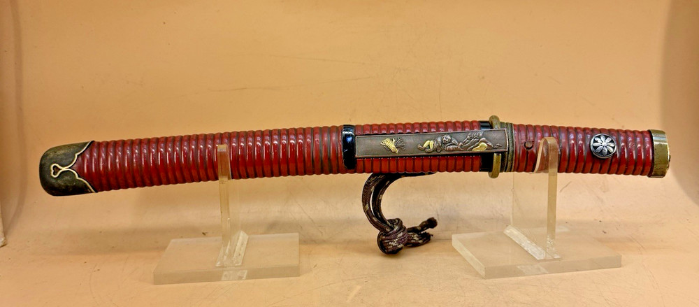 Japanese Edo Red Lacquer Tanto, Signed Blade & Complete Fitting Set