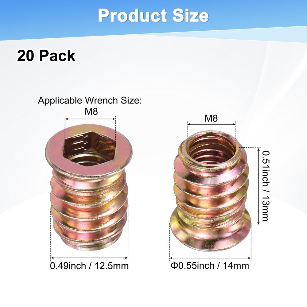 20-Pack Threaded Inserts for Wood, M8x13mm Threaded Insert Nuts [Gold Tone]