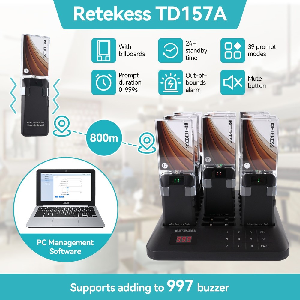 TD157A Restaurant Buzzer System Replaceable DIY Stickers,39 Prompt Modes Eatery