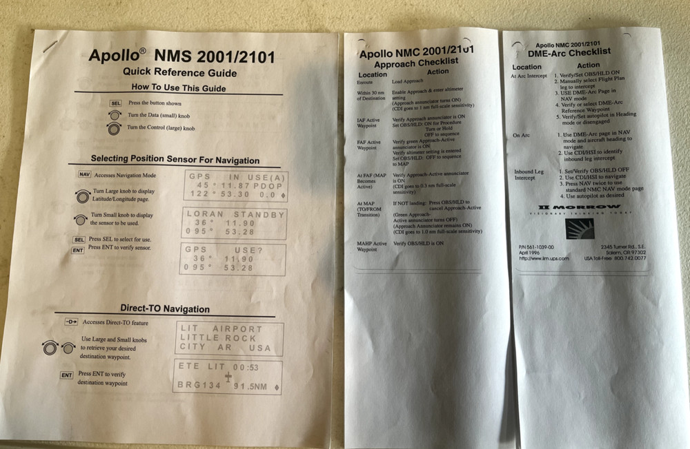 Apollo GPS NMS 2001 PN 430-0267-302, Tray, Reference Guide, Approach Checklists