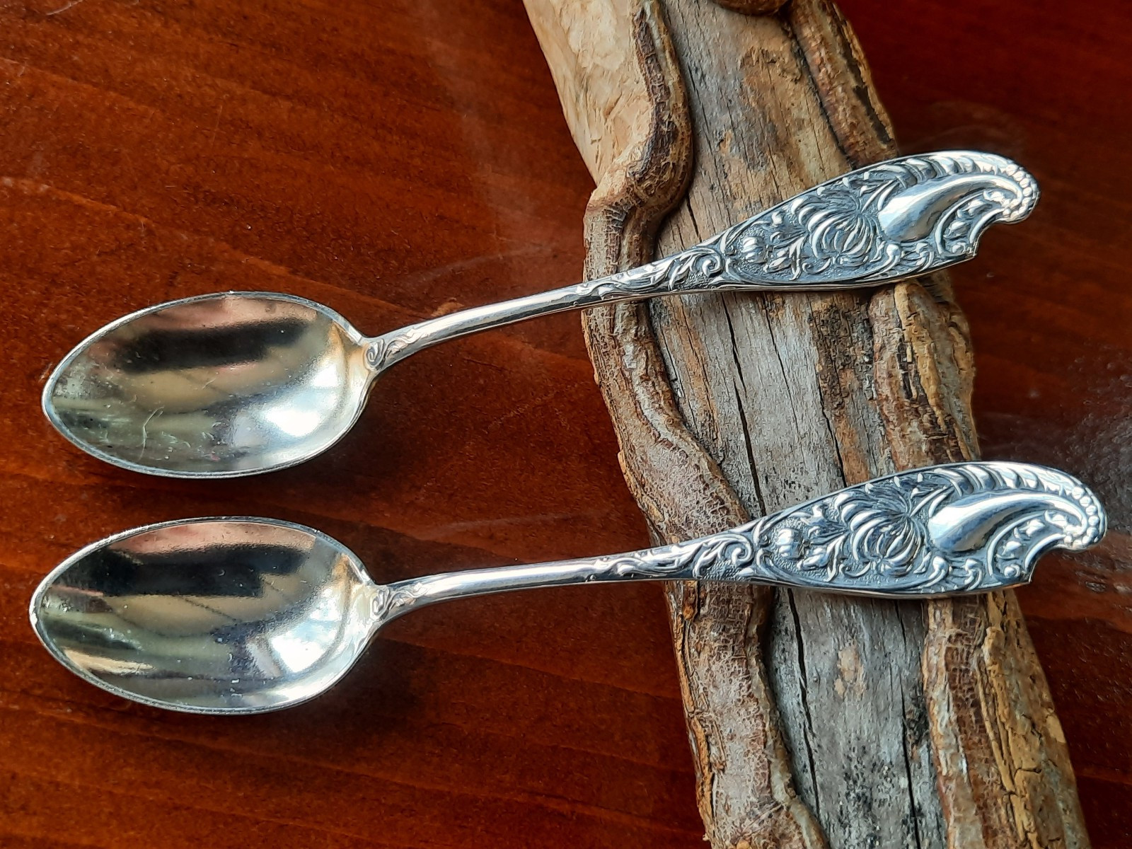 Pair Sterling Wood & Hughes Unknown Chrysanthemum Pattern Demitasse, No Mono