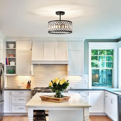 Crystal Ceiling Light, Modern Semi Flush Mount Ceiling Lighting 12.2in Black