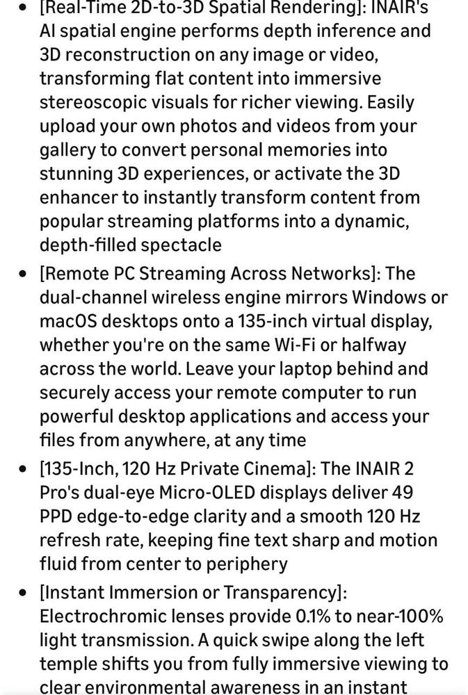 INAir 2 Elite Suite Smart Glasses Spatial Computer Bluetooth Wi-Fi