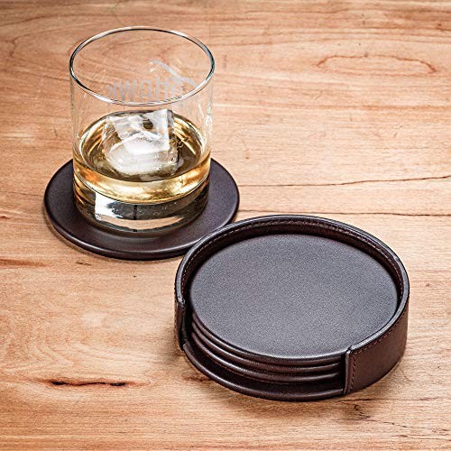 Chocolate Brown Leather 4 Round Coaster Set